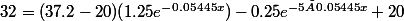 32 = (37.2 - 20)(1.25e^{-0.05445x}) - 0.25e^{-5 × 0.05445x} + 20